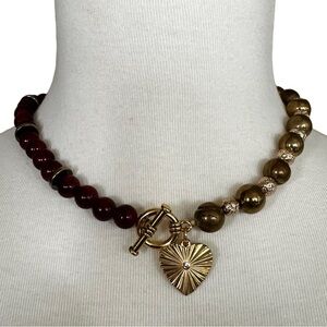 Ox blood red semi precious stones glass beaded choker necklace NWT Heart Charm